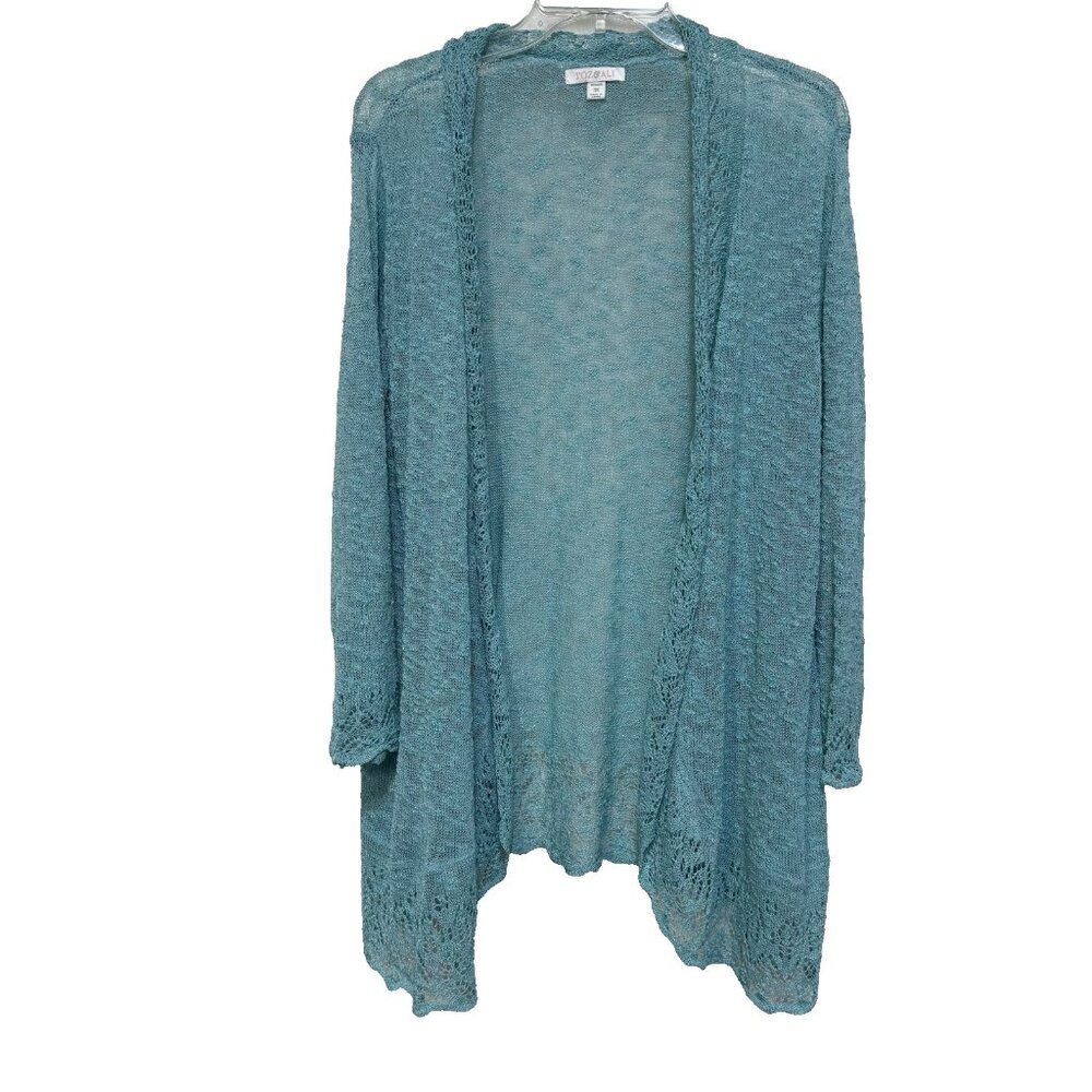 Roz & Ali Womens 3X Cardigan Crocheted Lace Teal Blue Aqua Lightweight Coastal